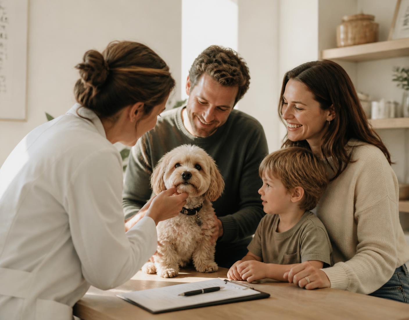 Familia con su perro durante una consulta veterinaria