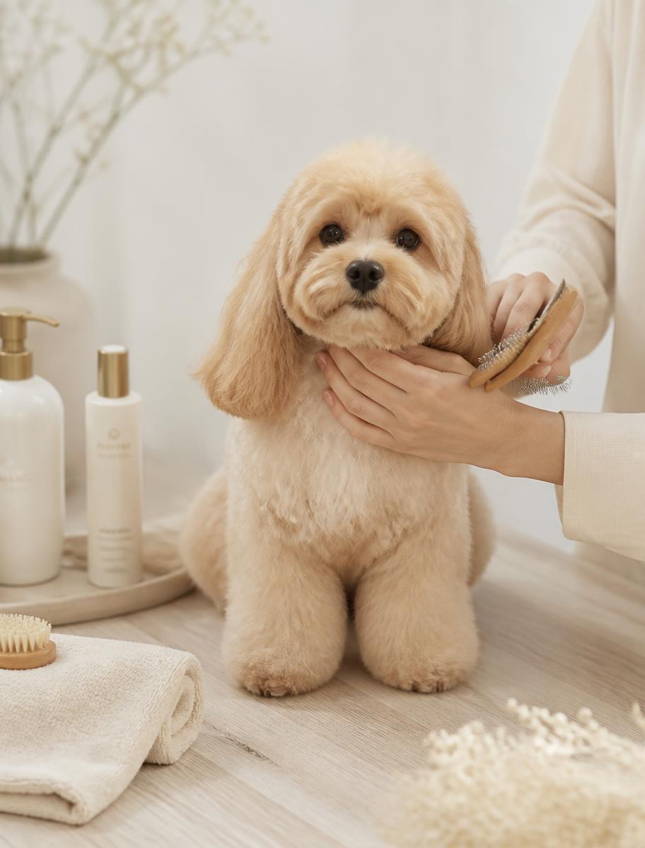 Perro pequeño durante una sesión de peluquería
