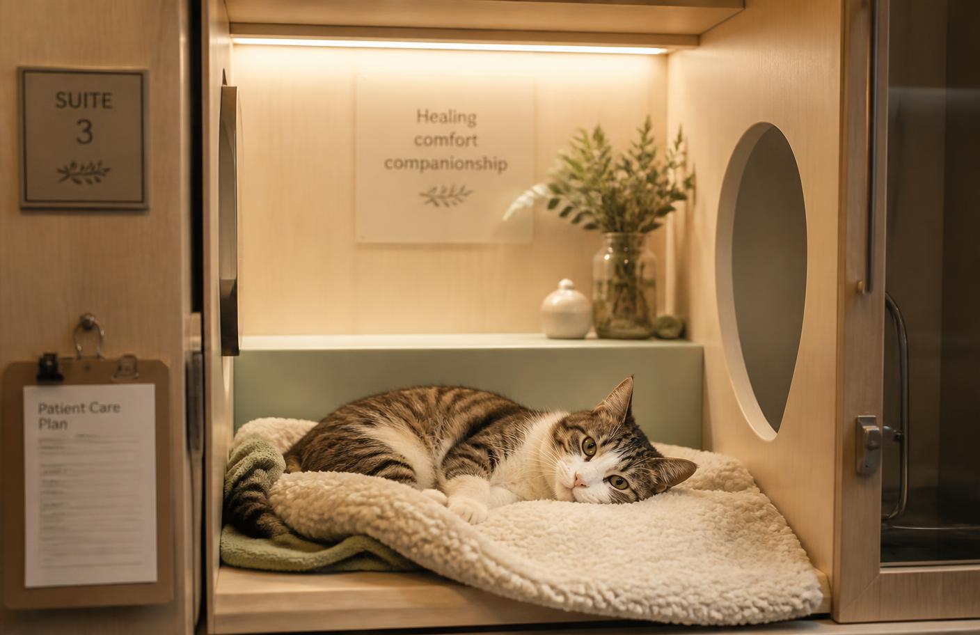 Suite de hospitalización felina con manta y luz cálida