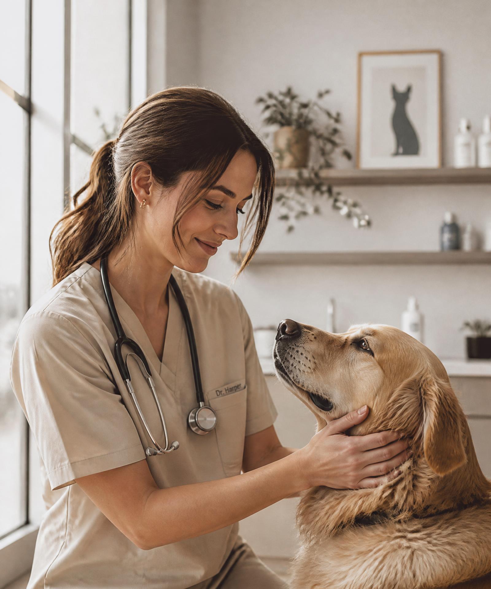 Veterinaria acariciando con calma a un golden retriever en una sala luminosa